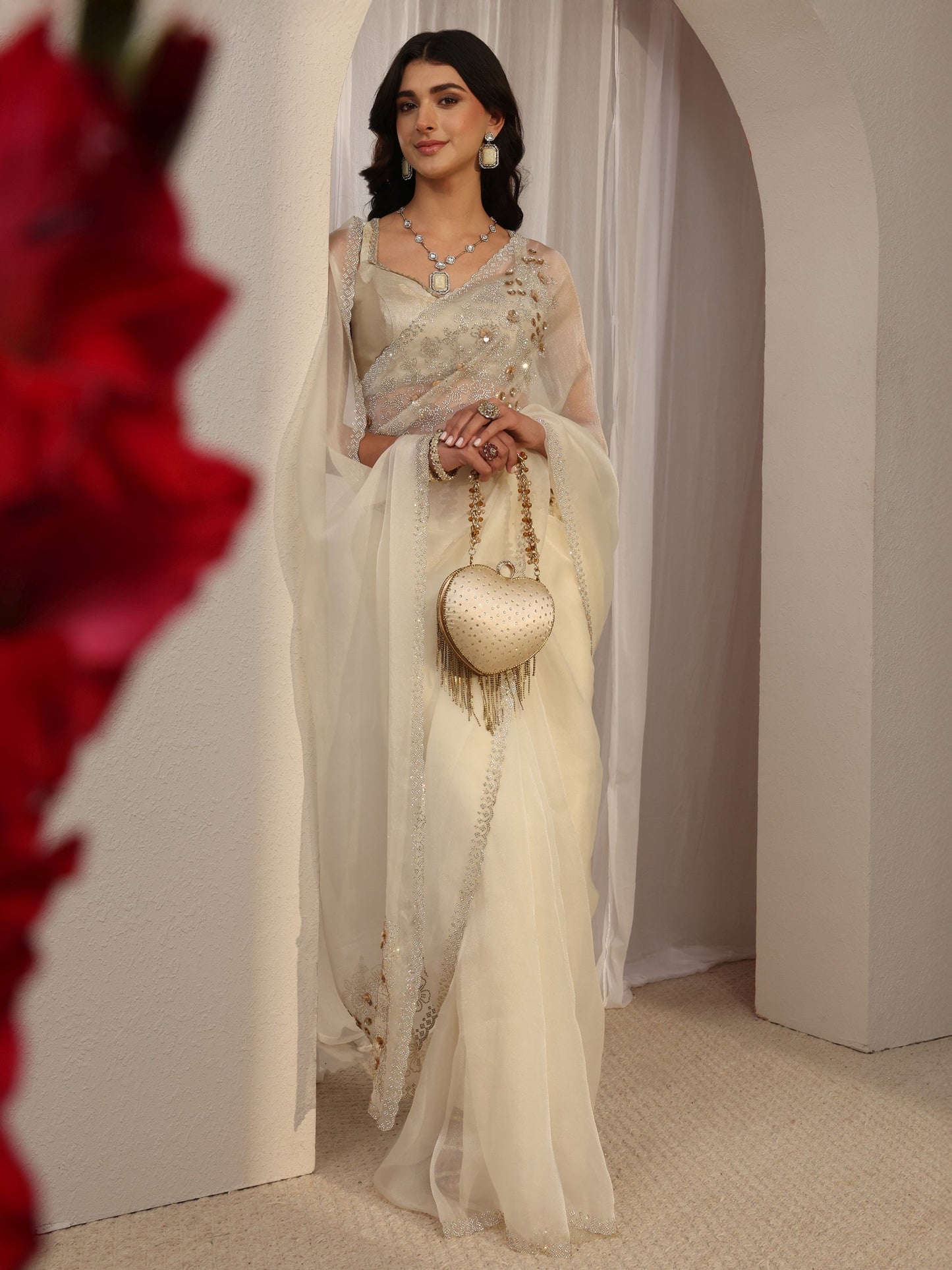 Libas White Embellished Organza Saree With Unstitched Blouse Piece