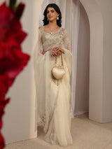 Libas White Embellished Organza Saree With Unstitched Blouse Piece