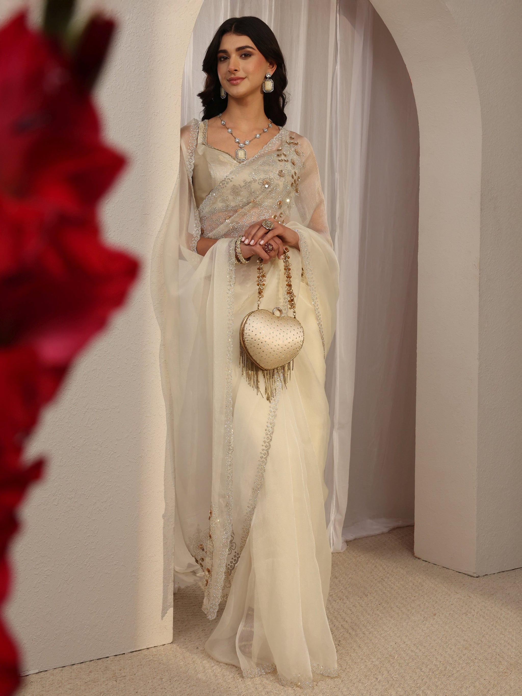 Libas White Embellished Organza Saree With Unstitched Blouse Piece
