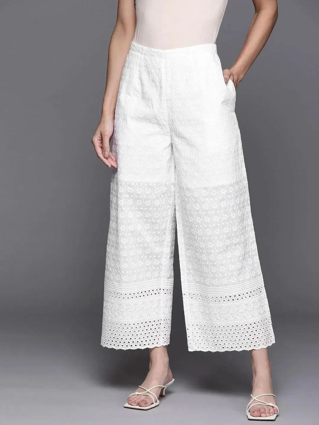 Mameraa White Embroidered Cotton Palazzos