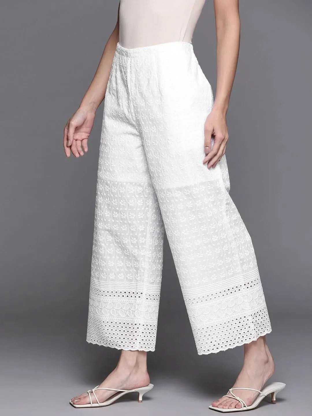 Mameraa White Embroidered Cotton Palazzos