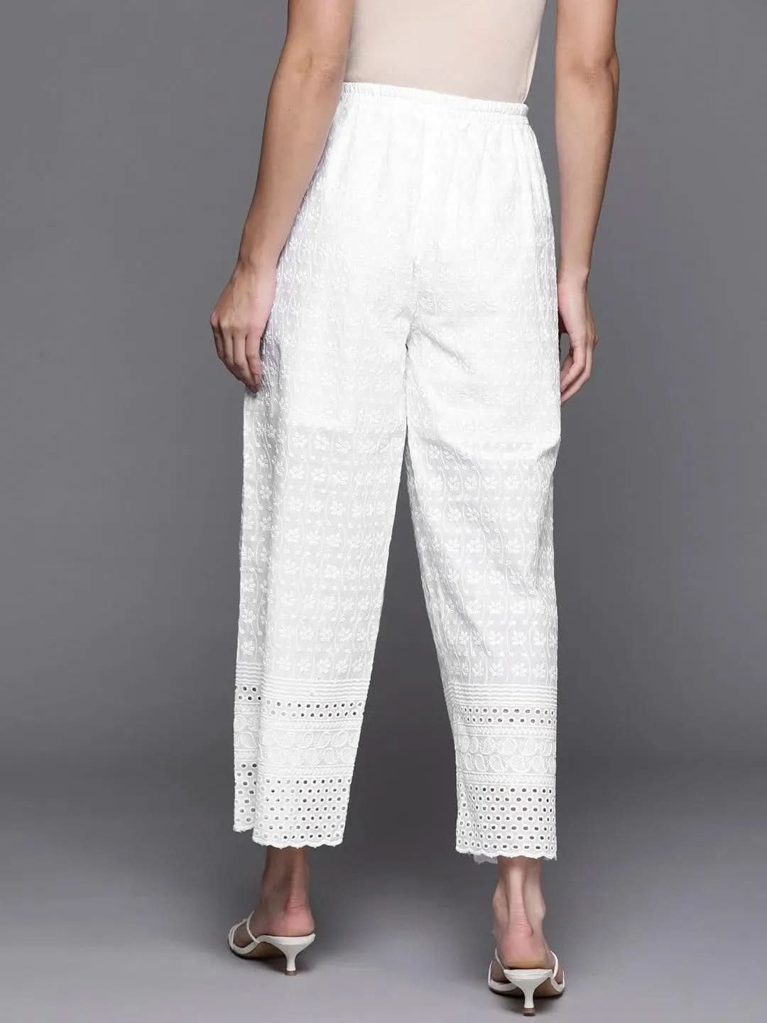 Mameraa White Embroidered Cotton Palazzos