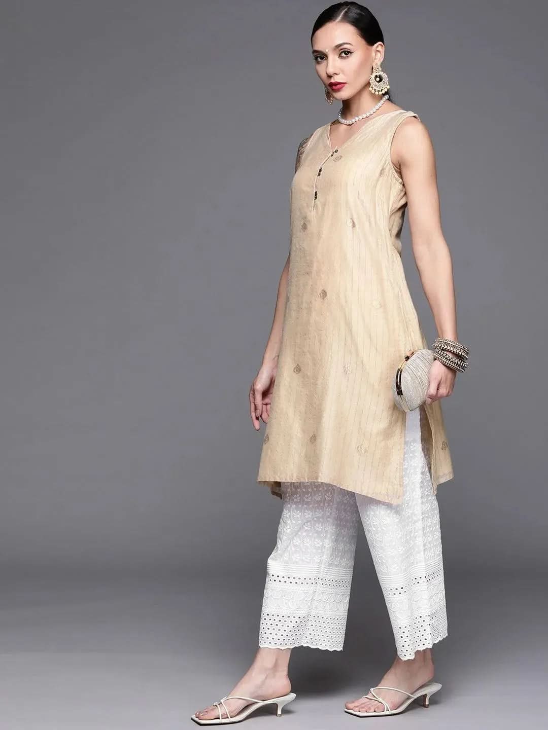 Mameraa White Embroidered Cotton Palazzos