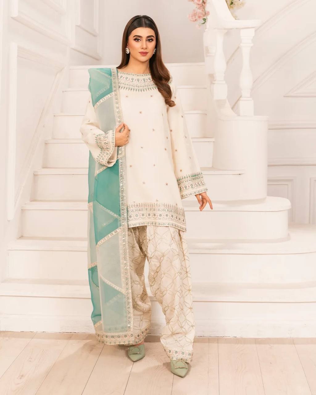 White Embroidered Crepe Kurti with Farshi Plazzo & Organza Dupatta Full Stitched Designer Set with 5mm Sequin & Diamond Handwork