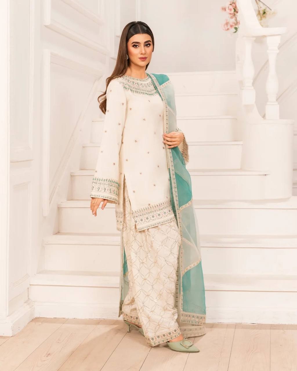 White Embroidered Crepe Kurti with Farshi Plazzo & Organza Dupatta Full Stitched Designer Set with 5mm Sequin & Diamond Handwork