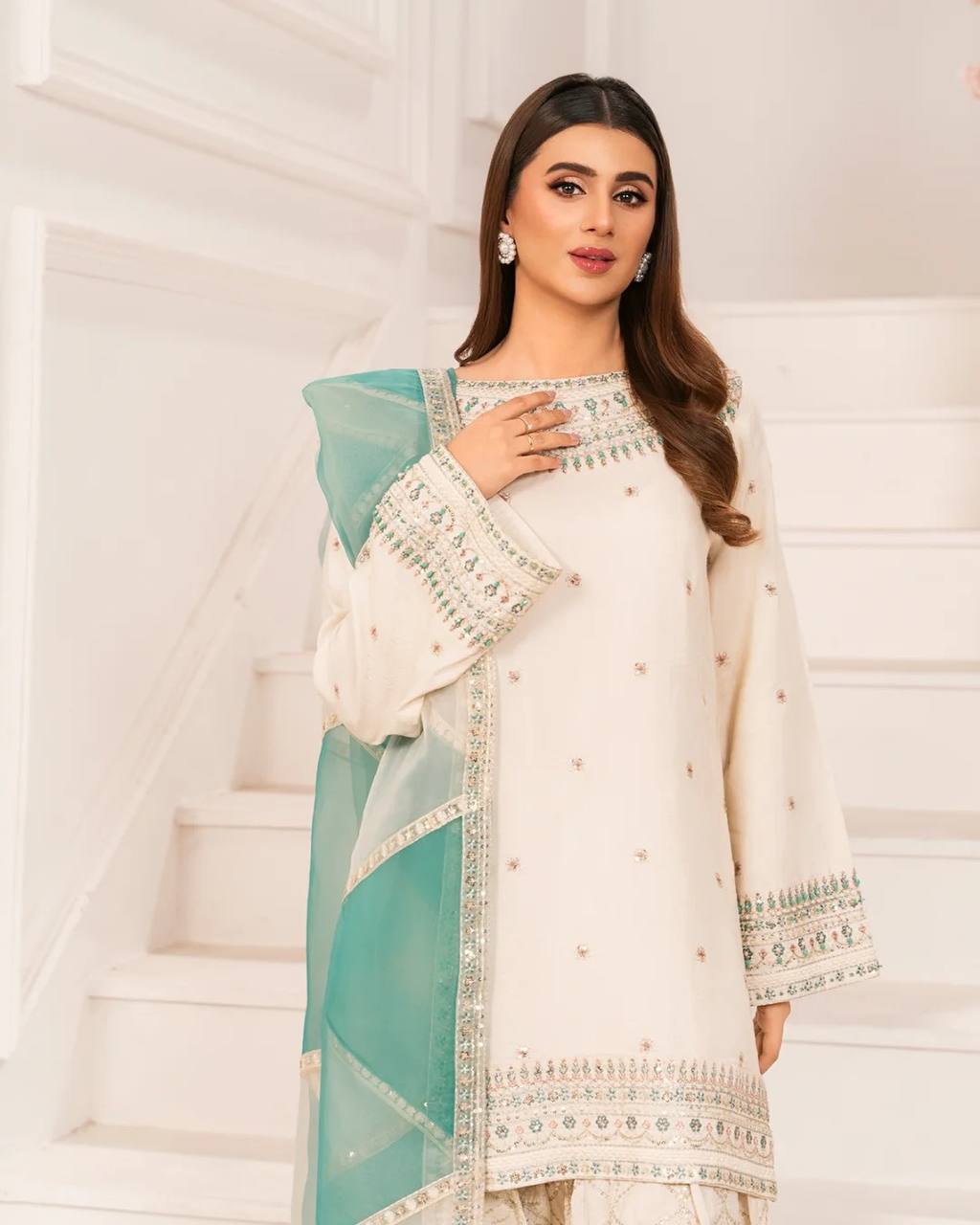 White Embroidered Crepe Kurti with Farshi Plazzo & Organza Dupatta Full Stitched Designer Set with 5mm Sequin & Diamond Handwork