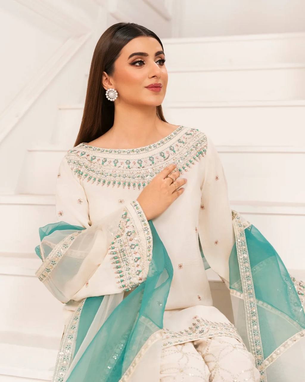 White Embroidered Crepe Kurti with Farshi Plazzo & Organza Dupatta Full Stitched Designer Set with 5mm Sequin & Diamond Handwork
