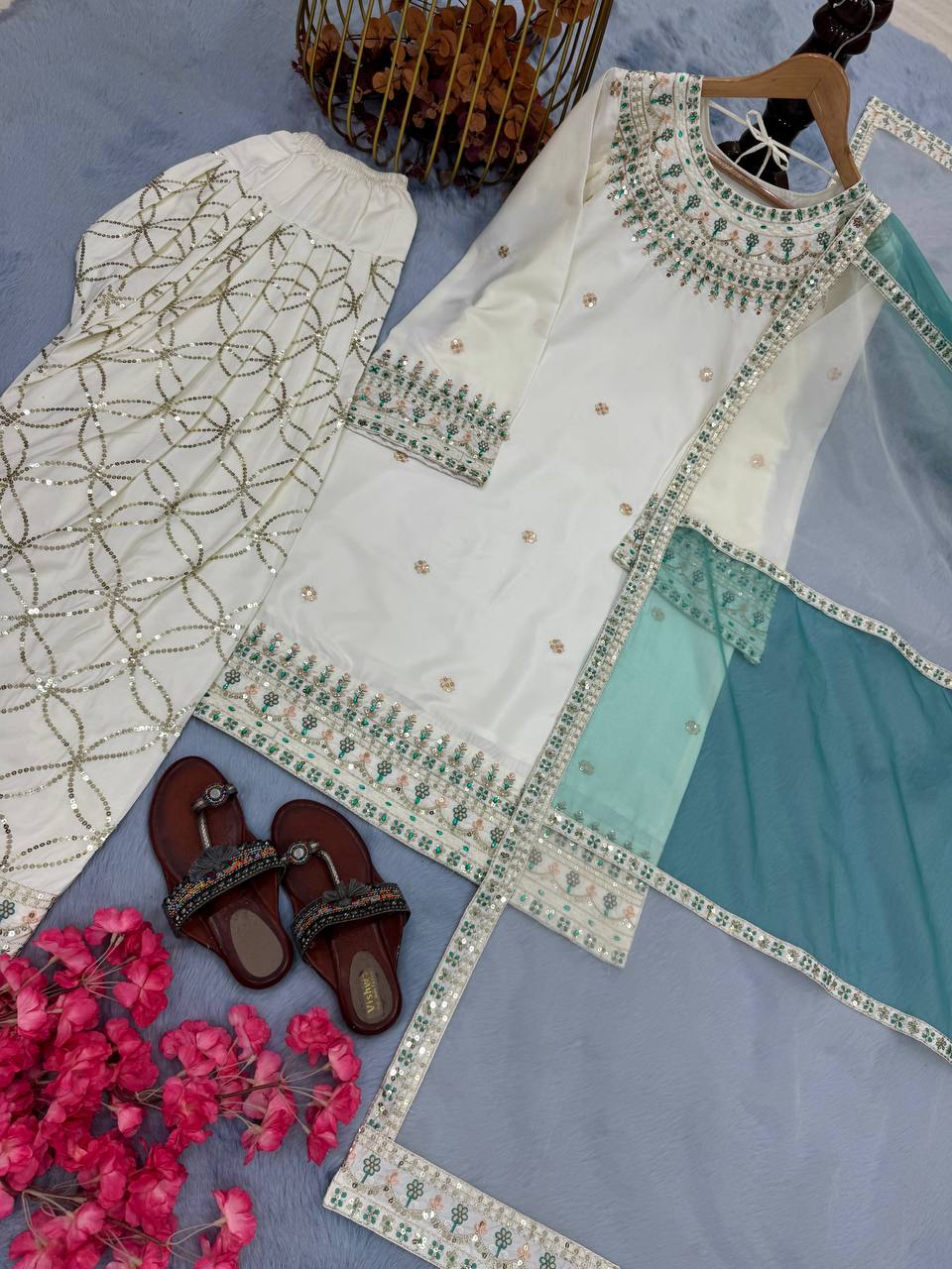 White Embroidered Crepe Kurti with Farshi Plazzo & Organza Dupatta Full Stitched Designer Set with 5mm Sequin & Diamond Handwork