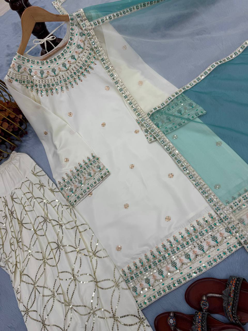 White Embroidered Crepe Kurti with Farshi Plazzo & Organza Dupatta Full Stitched Designer Set with 5mm Sequin & Diamond Handwork