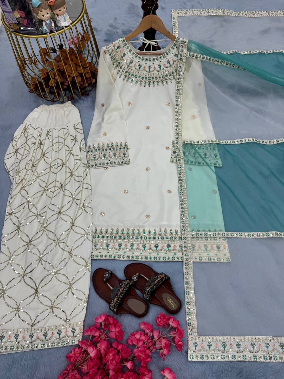 White Embroidered Crepe Kurti with Farshi Plazzo & Organza Dupatta Full Stitched Designer Set with 5mm Sequin & Diamond Handwork