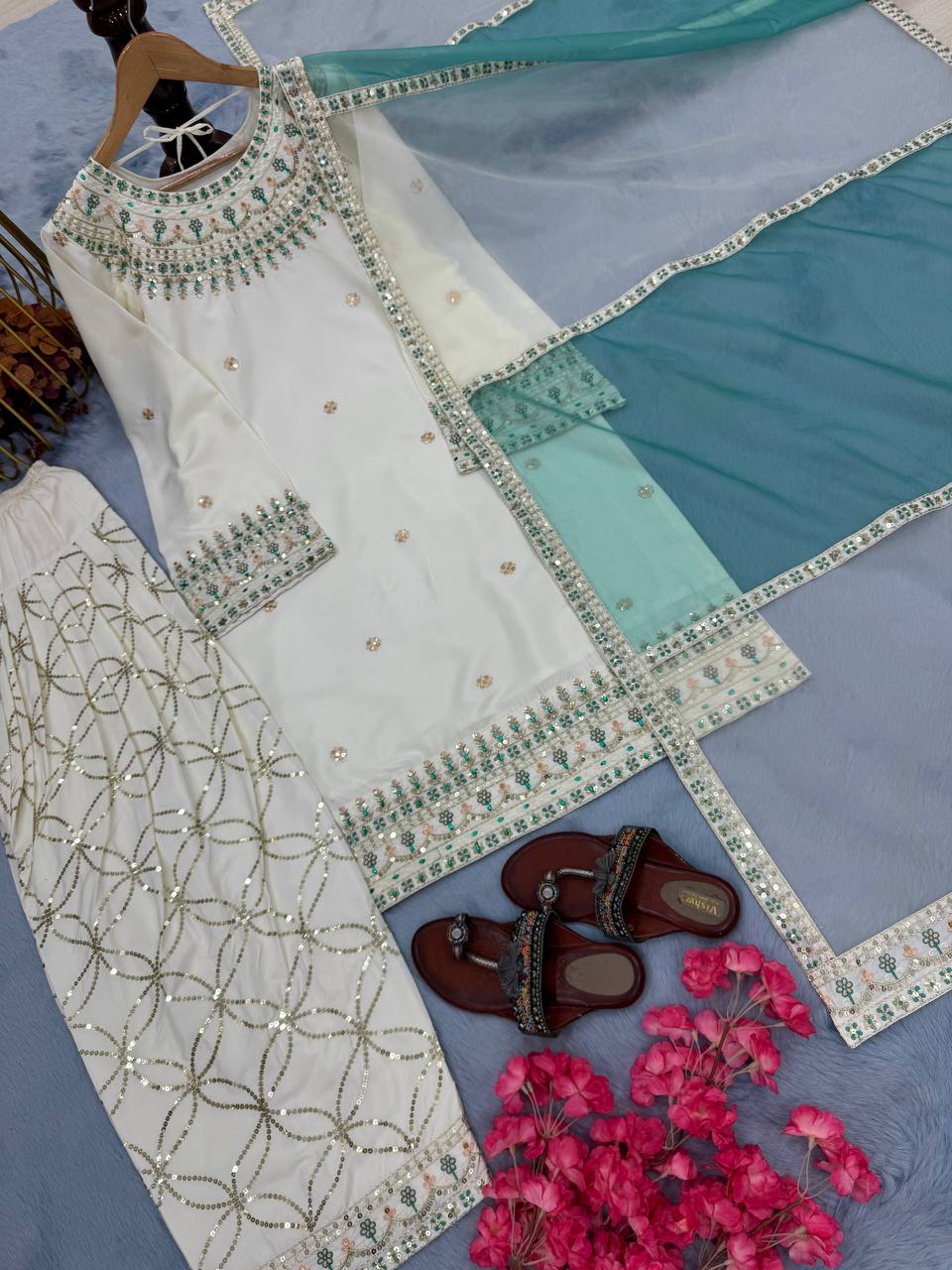 White Embroidered Crepe Kurti with Farshi Plazzo & Organza Dupatta Full Stitched Designer Set with 5mm Sequin & Diamond Handwork