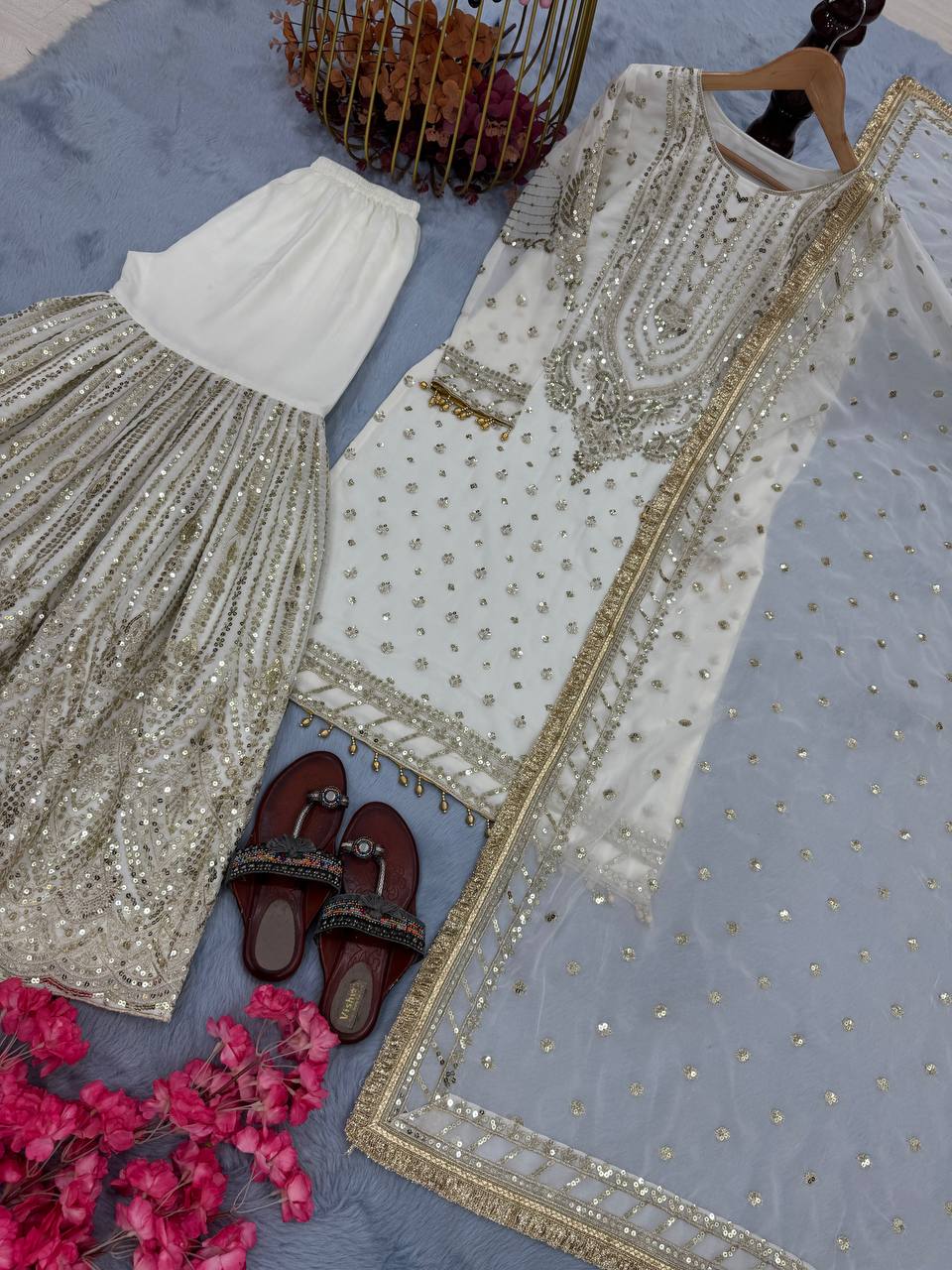White Embroidered Faux Georgette Plazzo Set with Sequins Work & Lace Dupatta