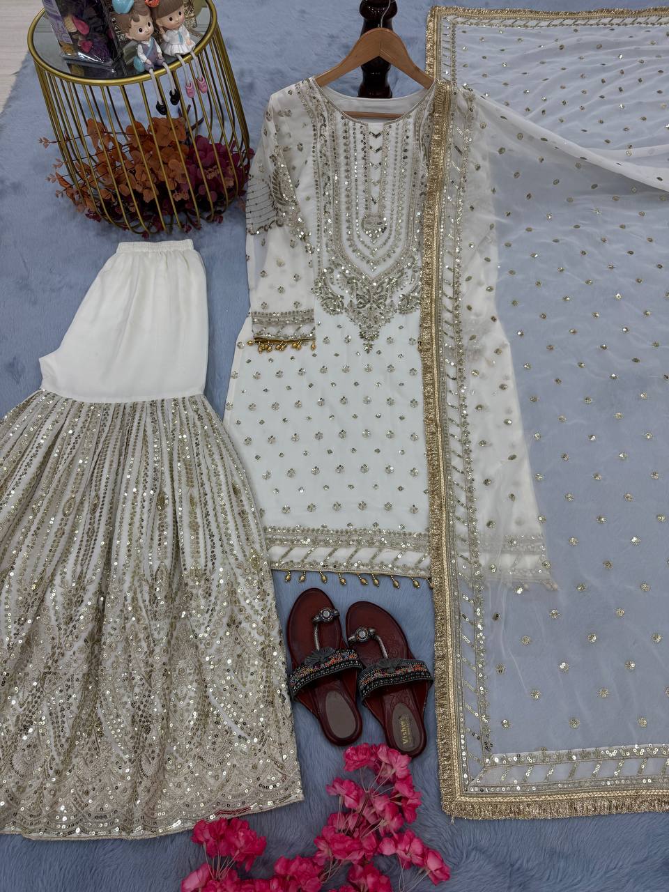 White Embroidered Faux Georgette Plazzo Set with Sequins Work & Lace Dupatta