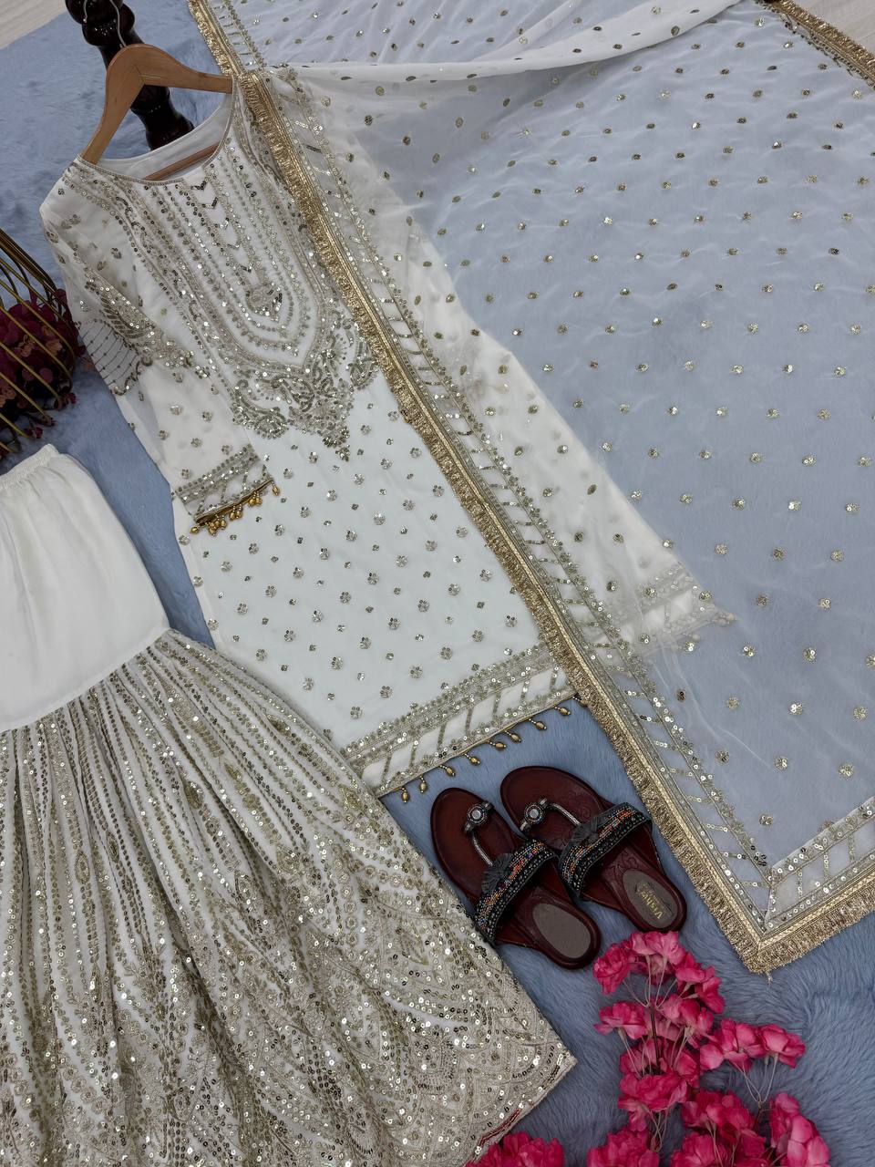 White Embroidered Faux Georgette Plazzo Set with Sequins Work & Lace Dupatta