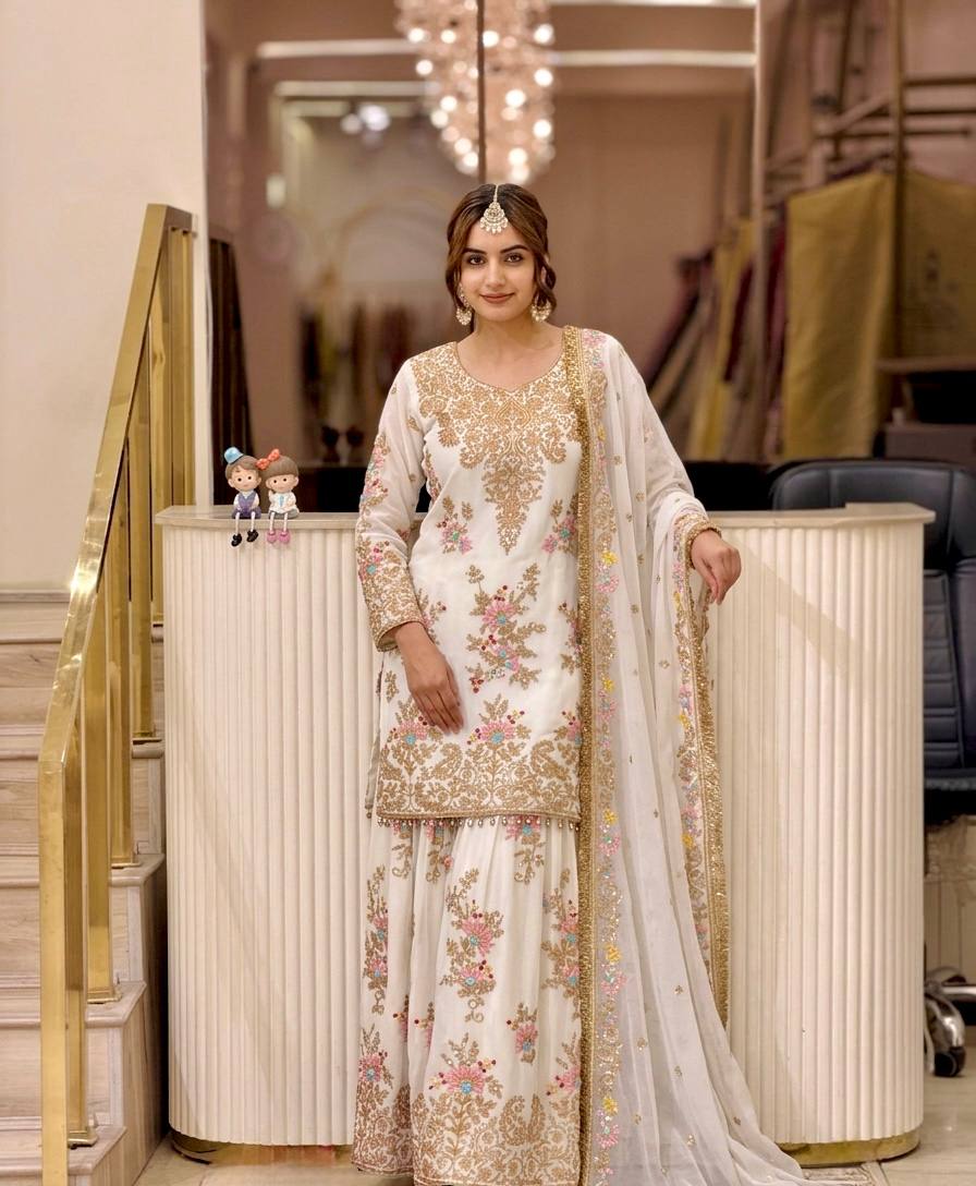 White Embroidered Palazzo Suit