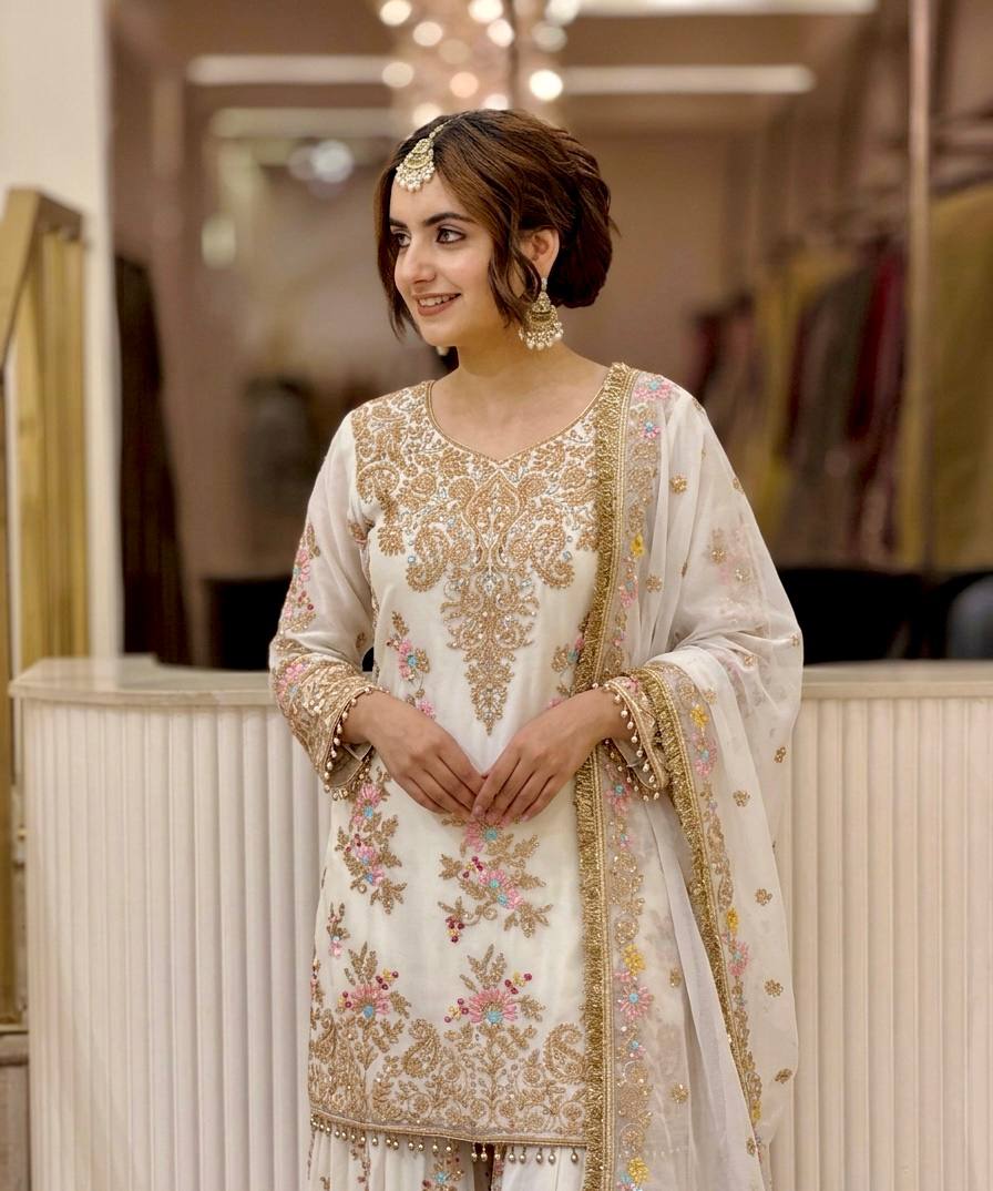 White Embroidered Palazzo Suit