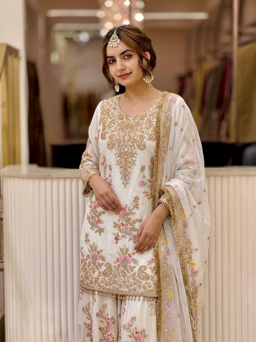 White Embroidered Palazzo Suit