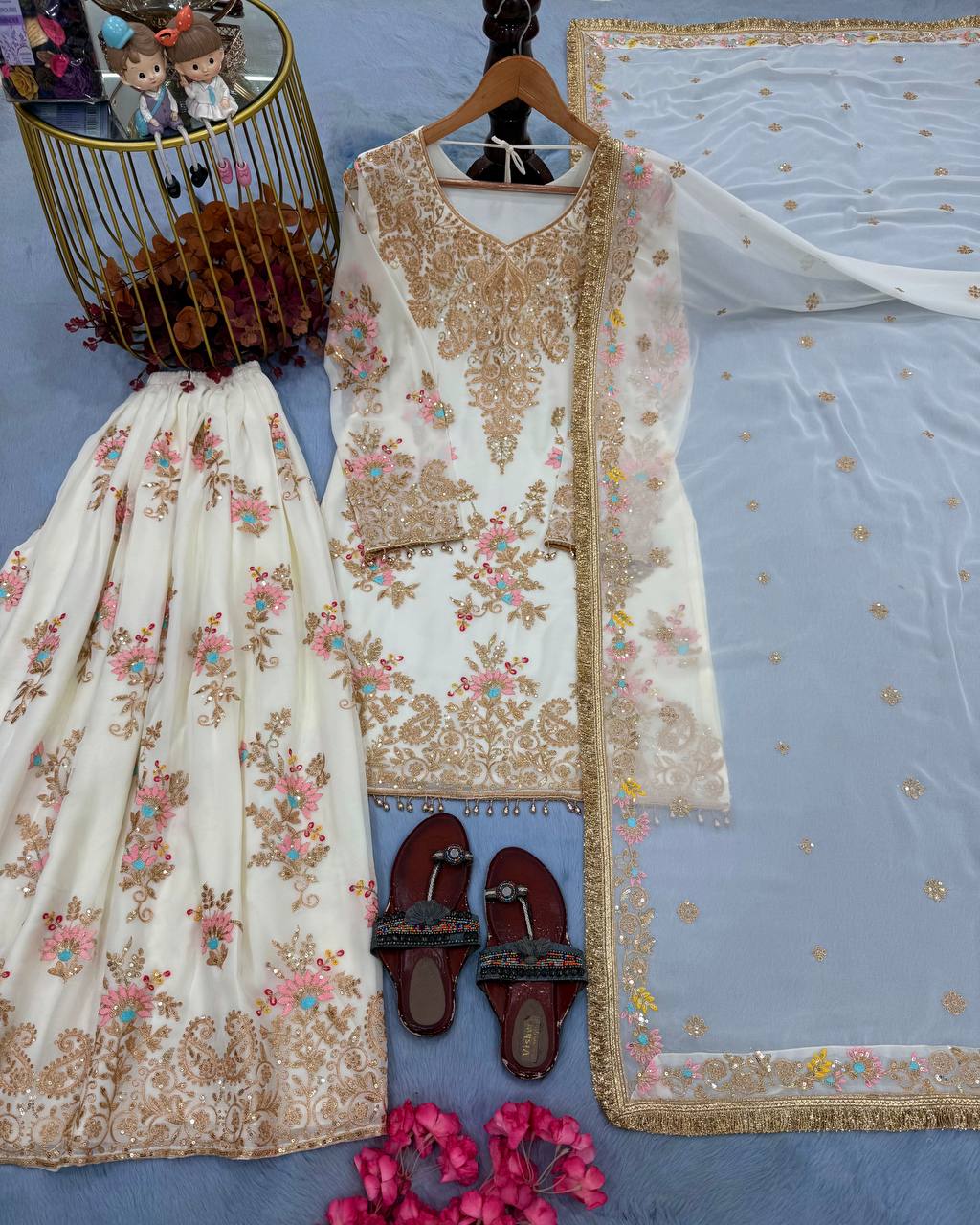 White Embroidered Palazzo Suit