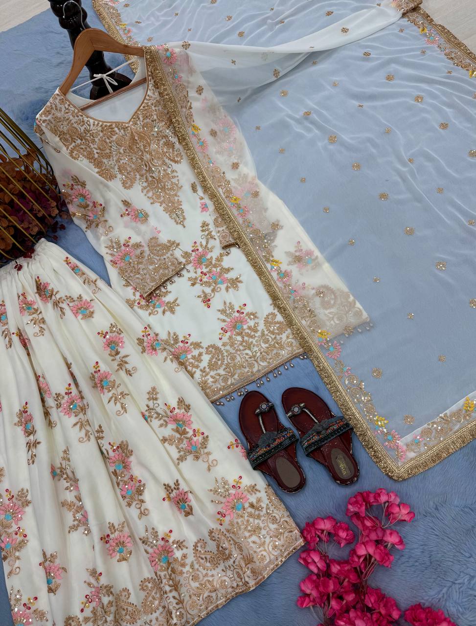 White Embroidered Palazzo Suit