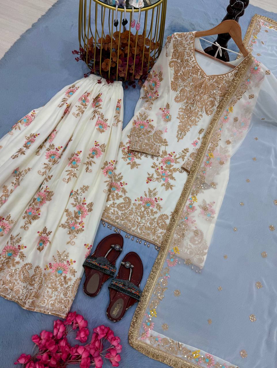 White Embroidered Palazzo Suit