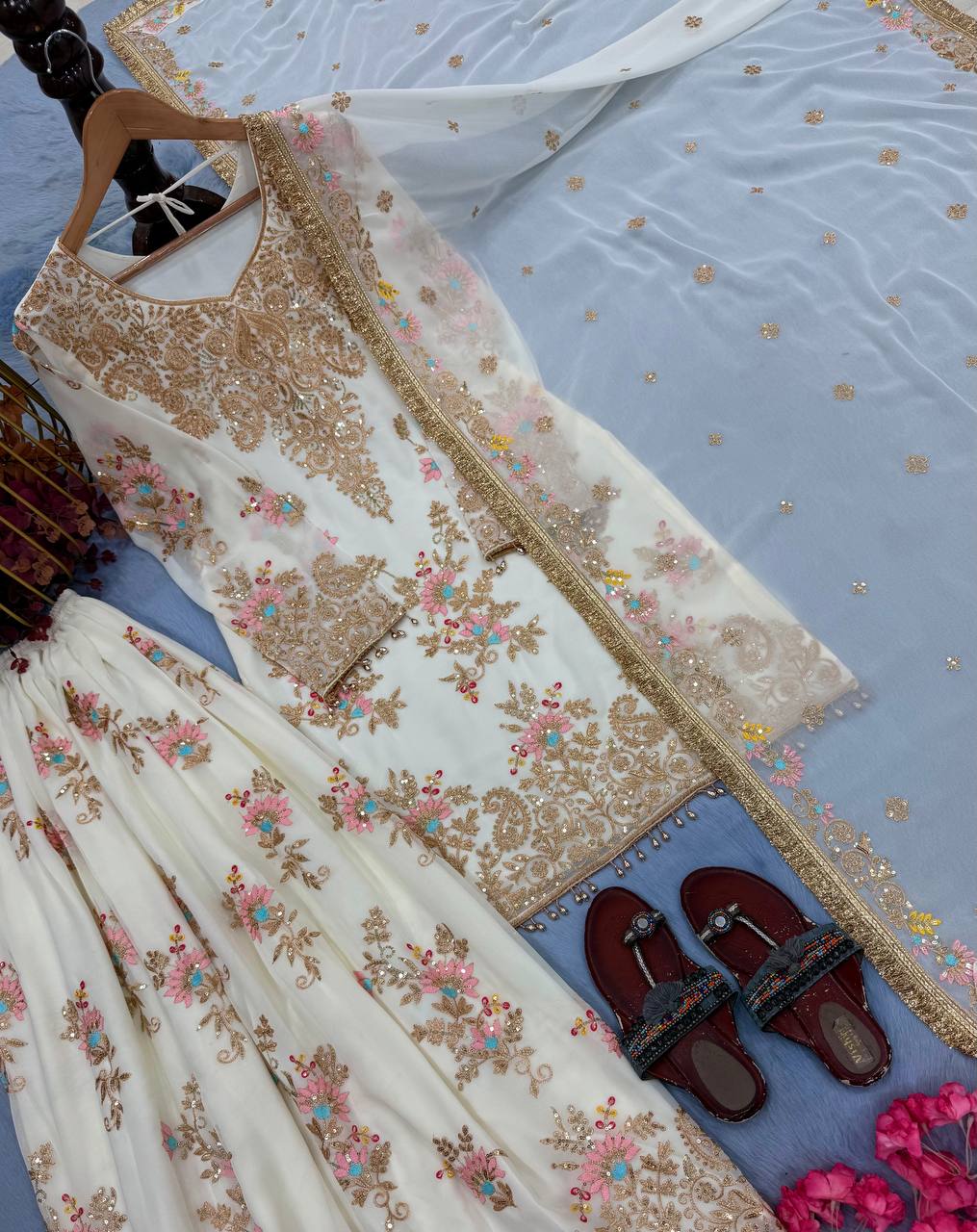 White Embroidered Palazzo Suit