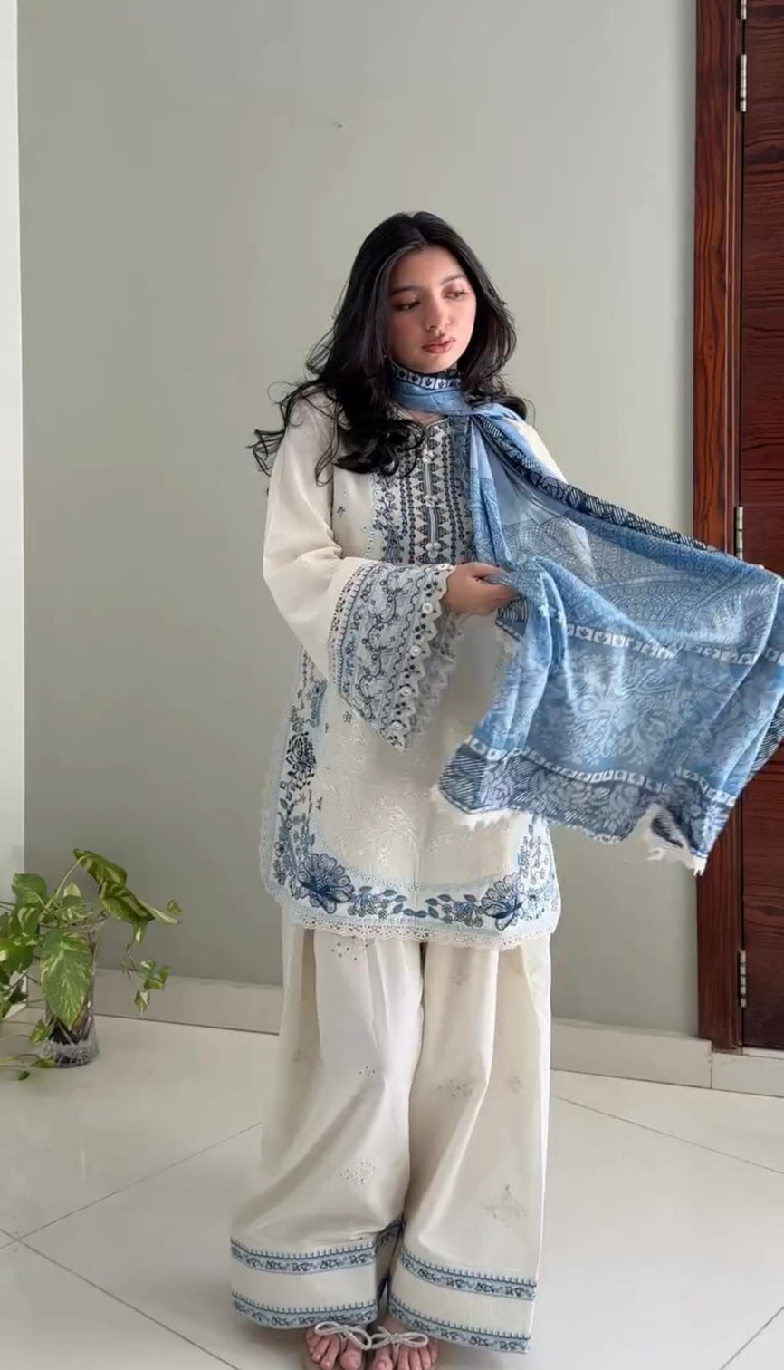 White Embroidered Satin Farshi Palazzo Set