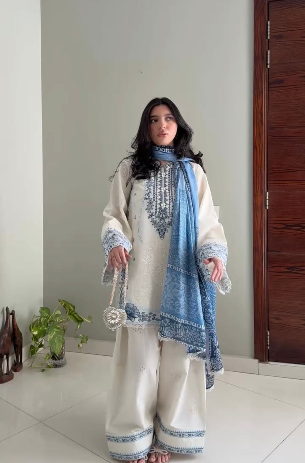White Embroidered Satin Farshi Palazzo Set