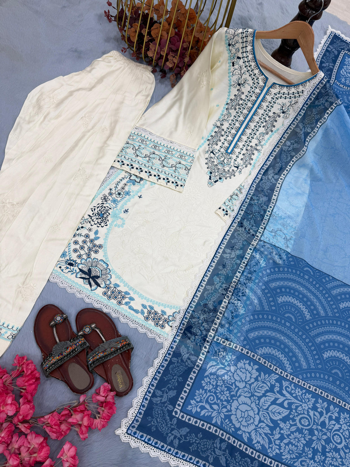 White Embroidered Satin Farshi Palazzo Set
