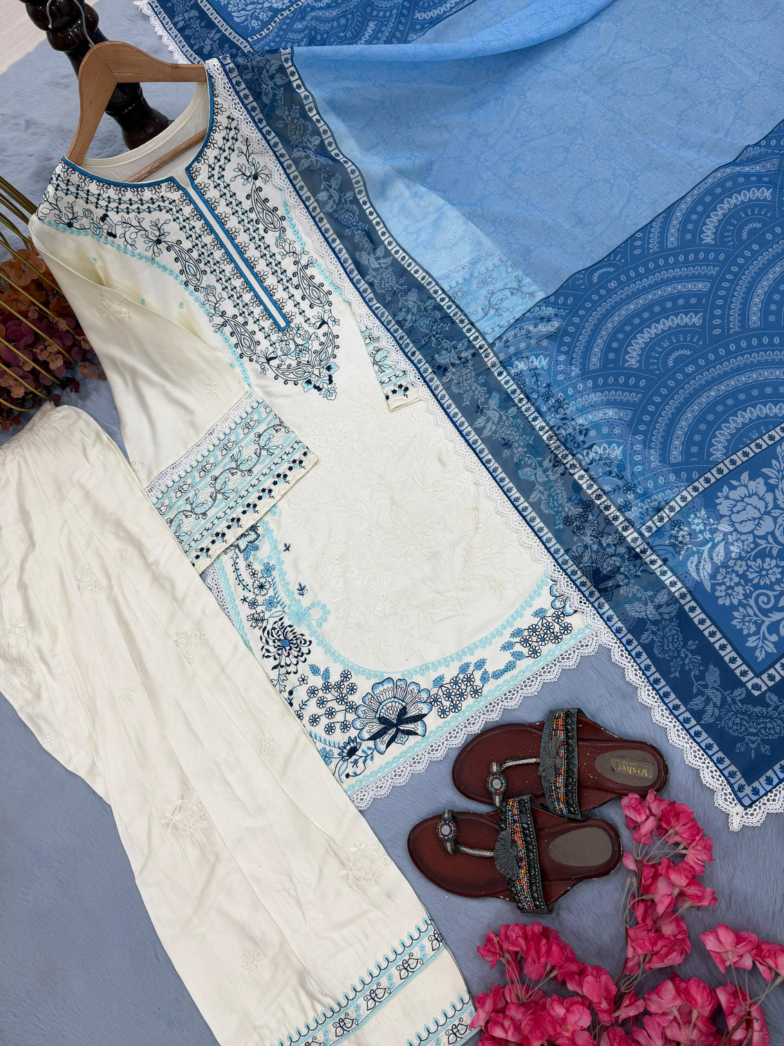 White Embroidered Satin Farshi Palazzo Set