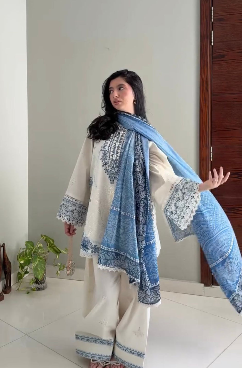 White Embroidered Satin Farshi Palazzo Set