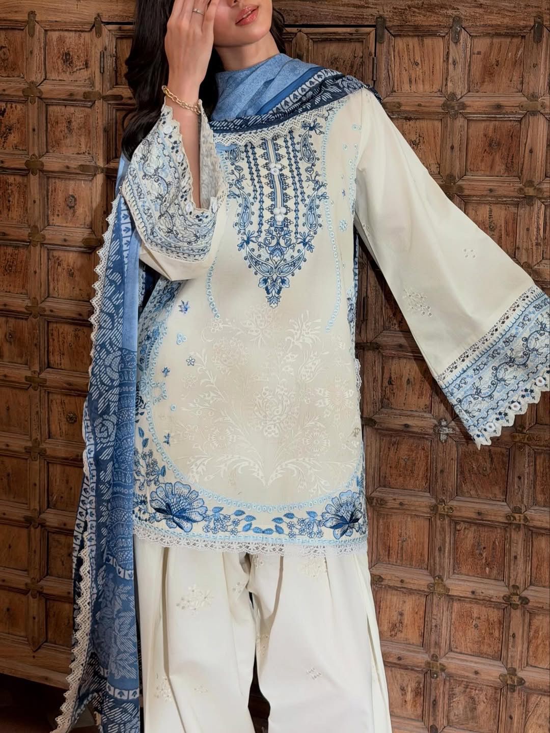 White Embroidered Satin Farshi Palazzo Set