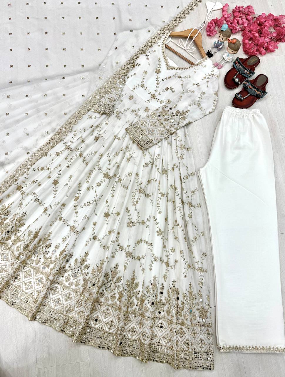 White Embroidery Silk Anarkali Gown