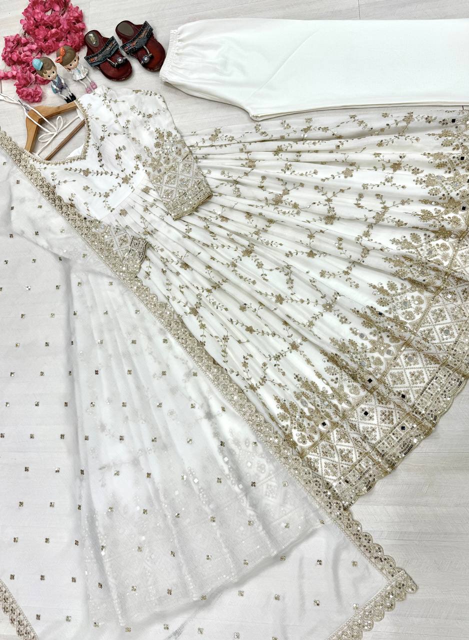 White Embroidery Silk Anarkali Gown