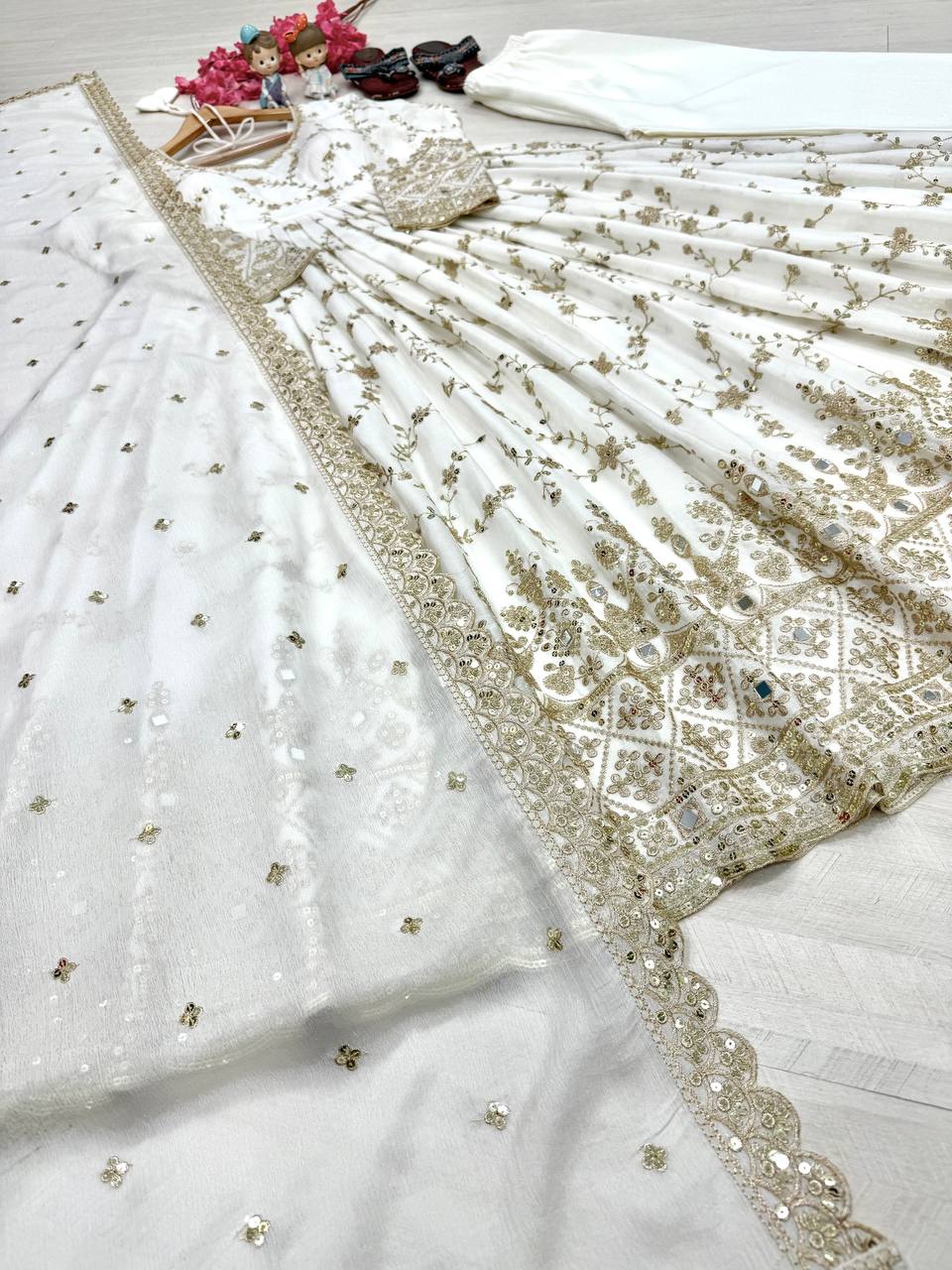White Embroidery Silk Anarkali Gown