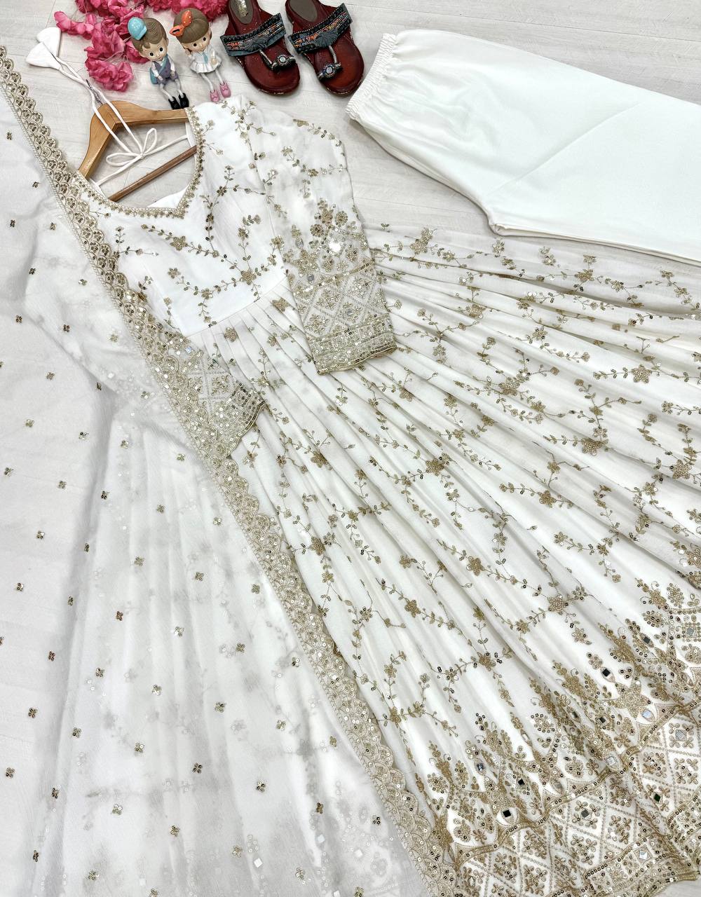 White Embroidery Silk Anarkali Gown