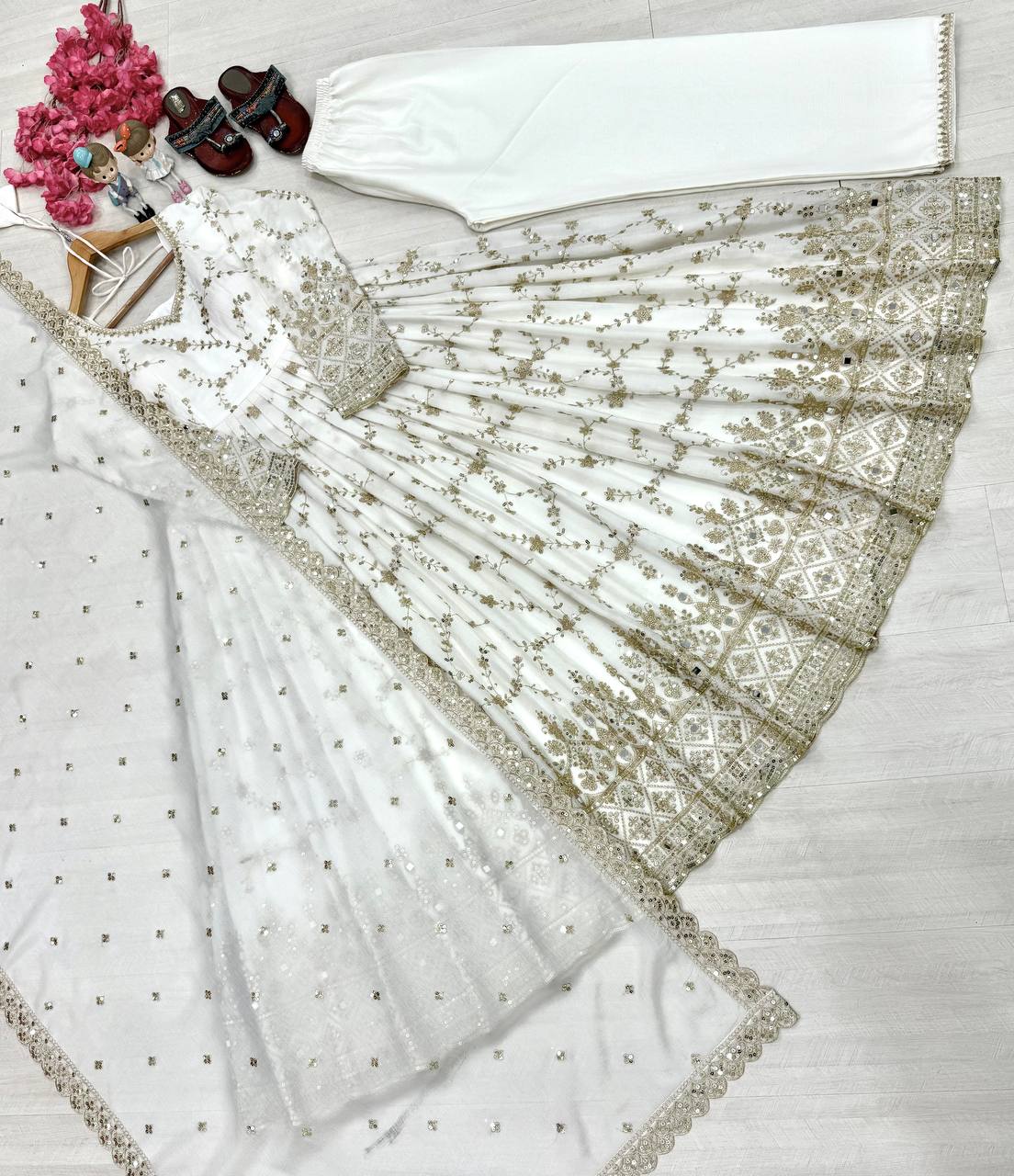White Embroidery Silk Anarkali Gown