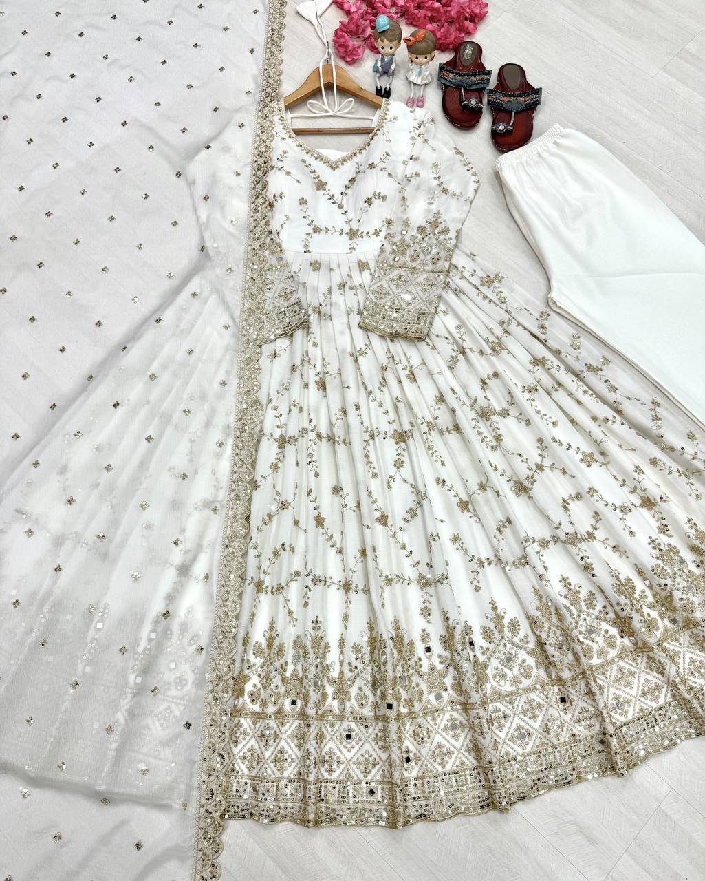White Embroidery Silk Anarkali Gown