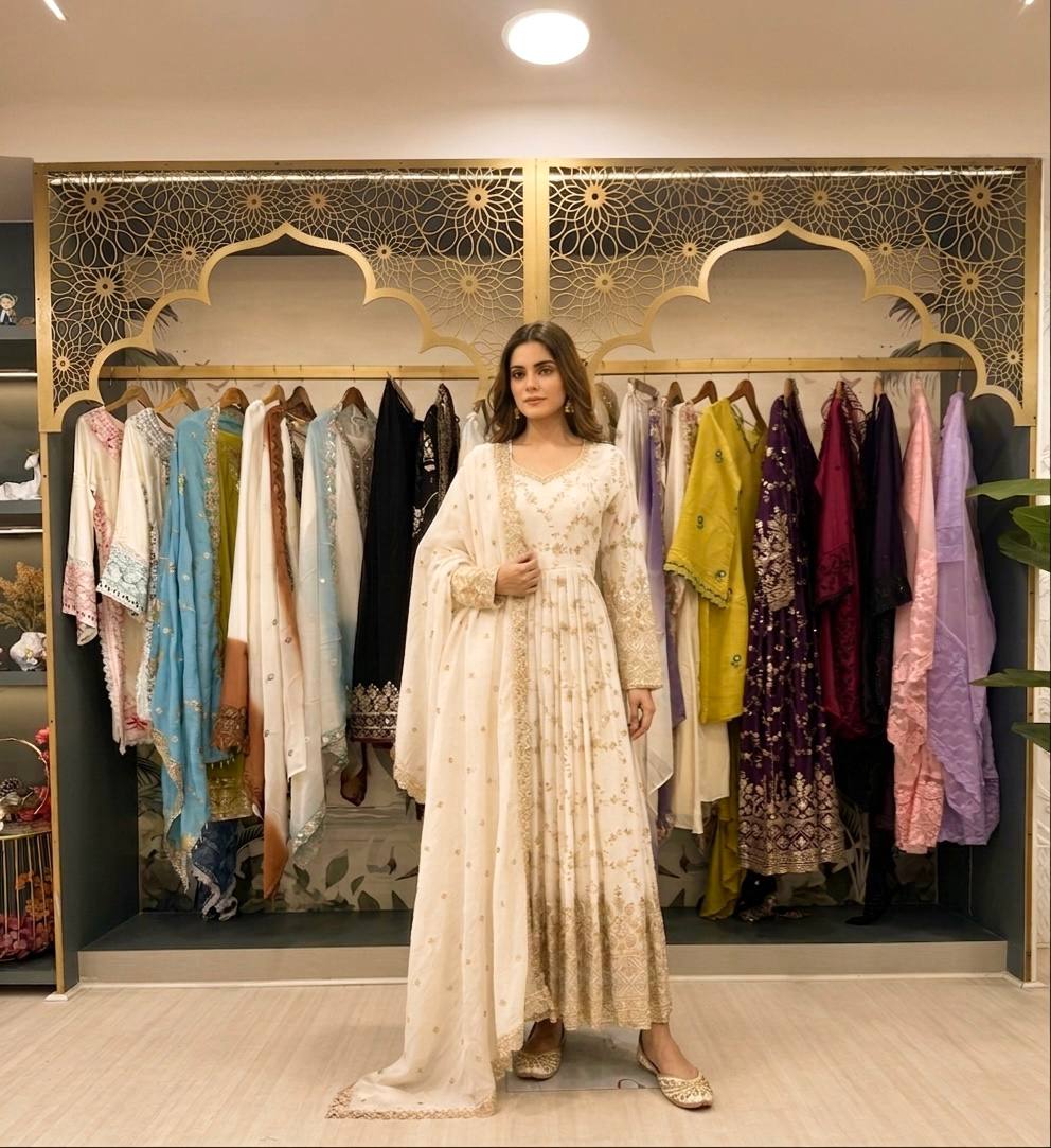 White Embroidery Silk Anarkali Gown