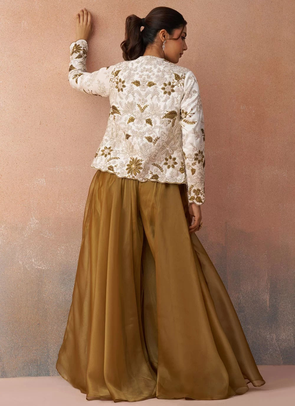 Luxury white tissue indo western co ord set with embroidered silk jacket