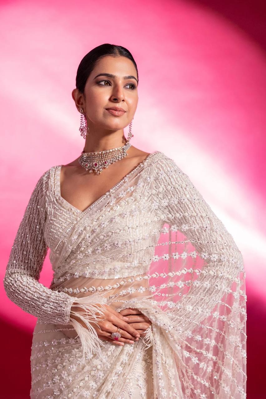 White Eternal Elegance Sparkling Net Saree with Rainbow Sequins