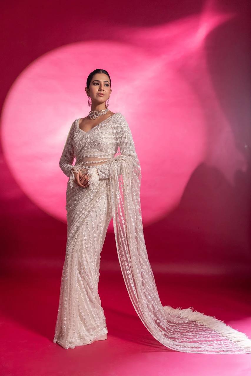 White Eternal Elegance Sparkling Net Saree with Rainbow Sequins