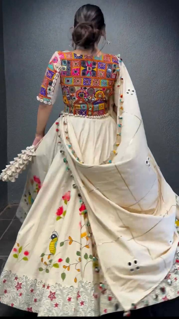White Ethnic White Elegance Semi-Stitched Lehenga Choli Set – Premium Reyon with Real Mirror & Sequins Work