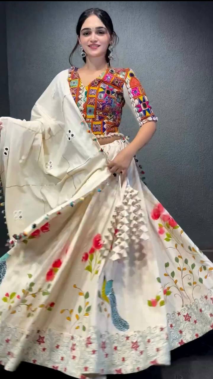 White Ethnic White Elegance Semi-Stitched Lehenga Choli Set – Premium Reyon with Real Mirror & Sequins Work