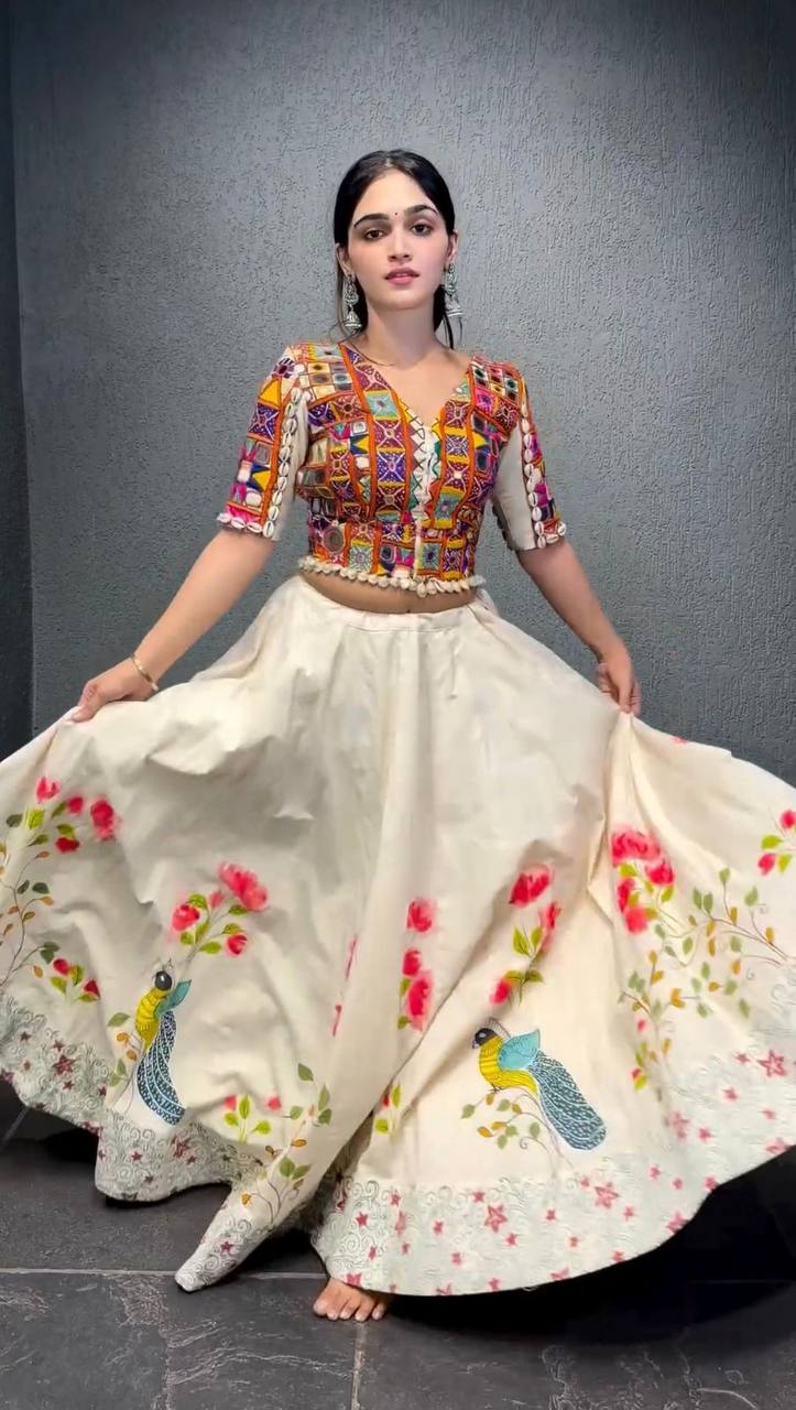 White Ethnic White Elegance Semi-Stitched Lehenga Choli Set – Premium Reyon with Real Mirror & Sequins Work
