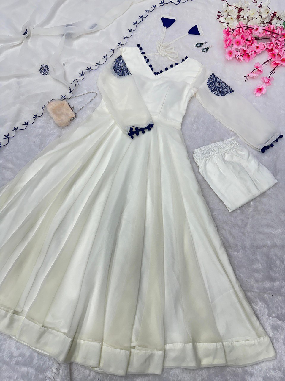 White Exclusive Georgette Anarkali Set with Mirror Work Eid Special