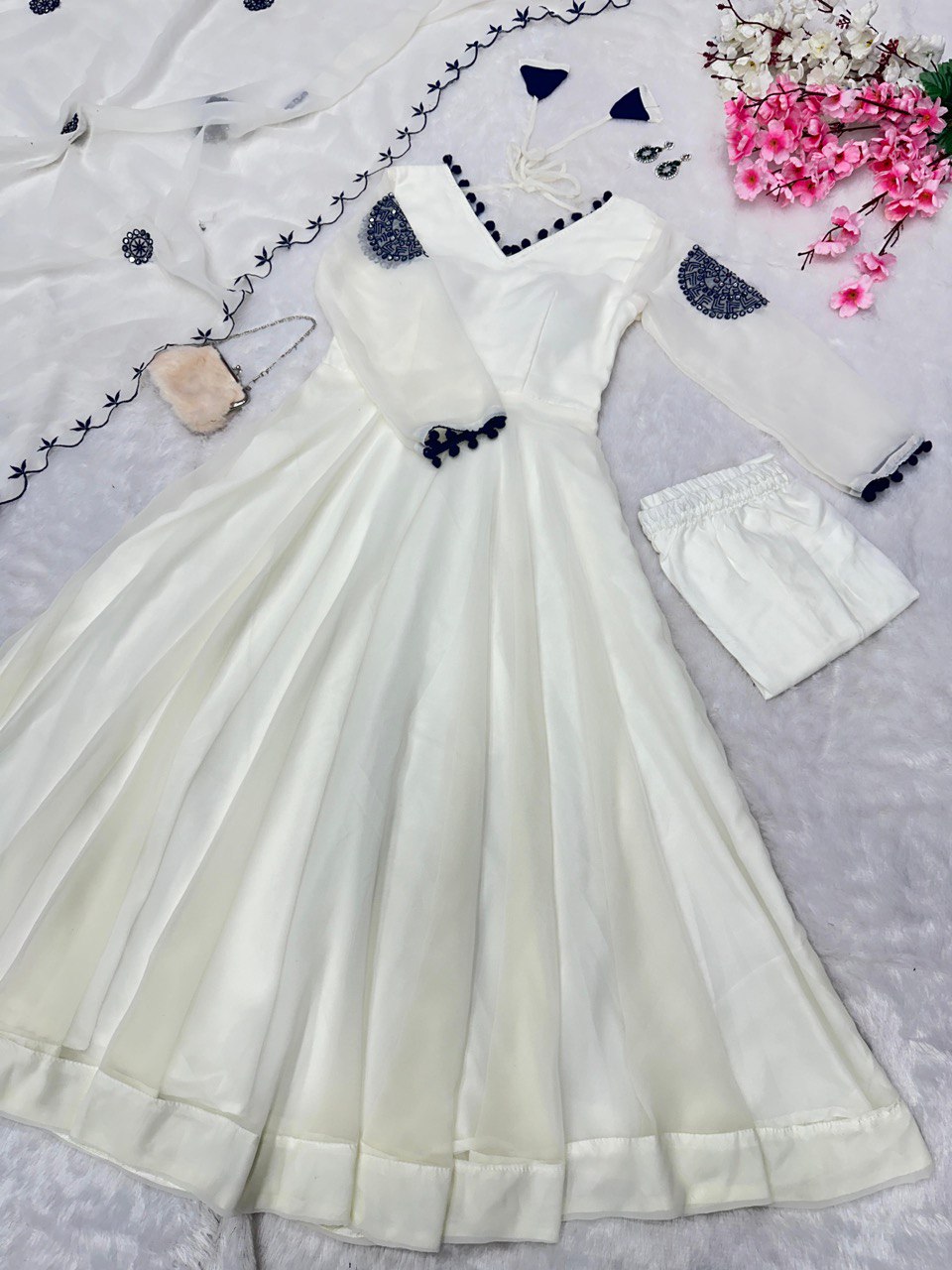 White Exclusive Georgette Anarkali Set with Mirror Work Eid Special
