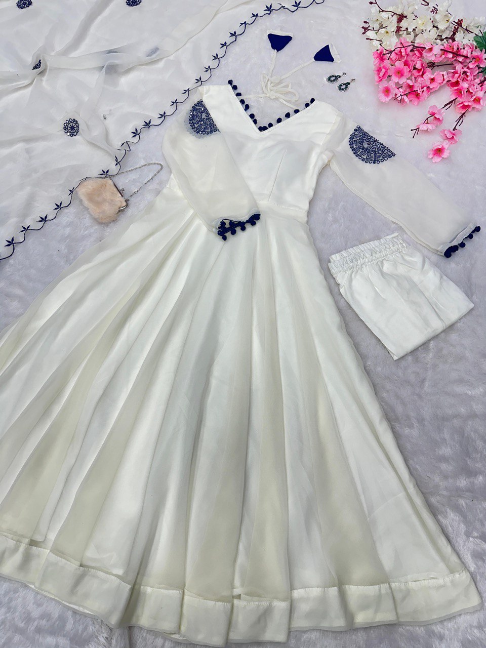 White Exclusive Georgette Anarkali Set with Mirror Work Eid Special