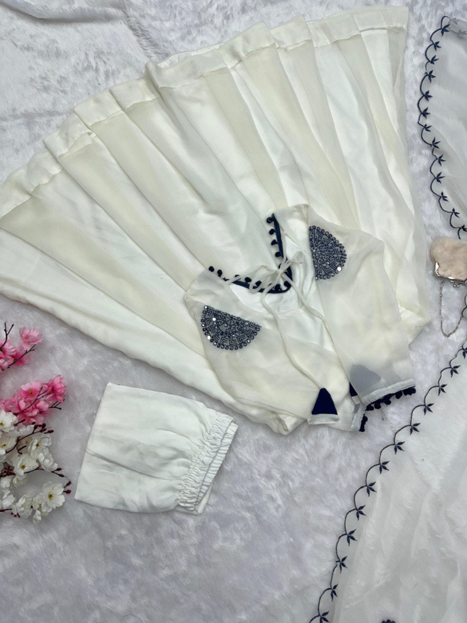 White Exclusive Georgette Anarkali Set with Mirror Work Eid Special