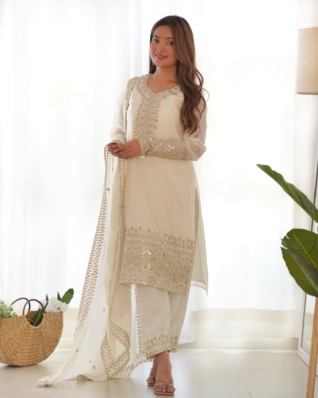 White Exquisite Pure Chinon Silk Kurta Set with Dupatta – Embroidered & Ready to Wear