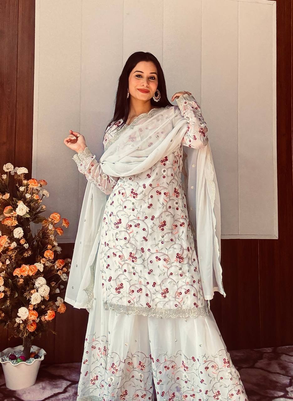 White Festive Georgette Sharara Set with Sequins, Thread & Zari Work